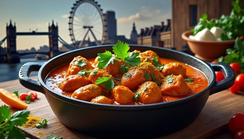 découvrez le délicieux poulet tikka masala, un plat savoureux qui vous emmène de londres à delhi en une seule casserole, alliant épices et traditions culinaires.