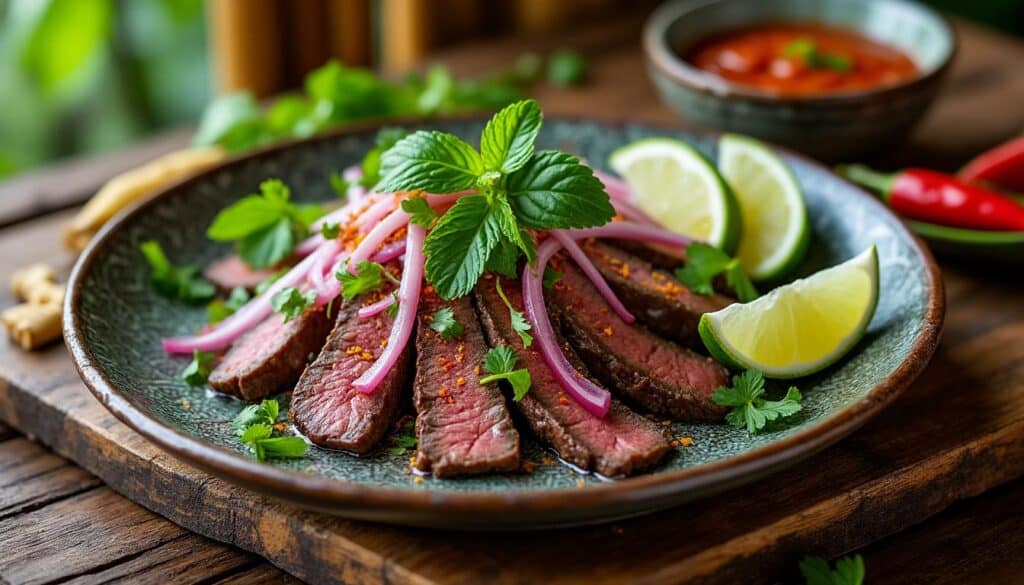 découvrez la recette authentique du bœuf thaï avec la salade nam tok inspirée de chiang mai, un plat savoureux alliant fraîcheur et épices.