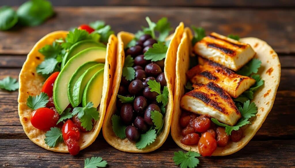 découvrez 3 recettes de tacos veggie savoureux avec avocat, haricots noirs et halloumi, parfaits pour un repas sain et gourmand.