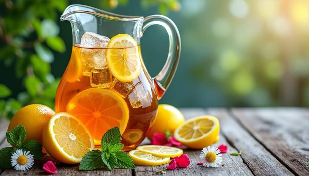 découvrez notre recette maison de thé glacé au citron de menton, agrémentée d'infusions d'été fraîches pour une boisson rafraîchissante et naturelle.