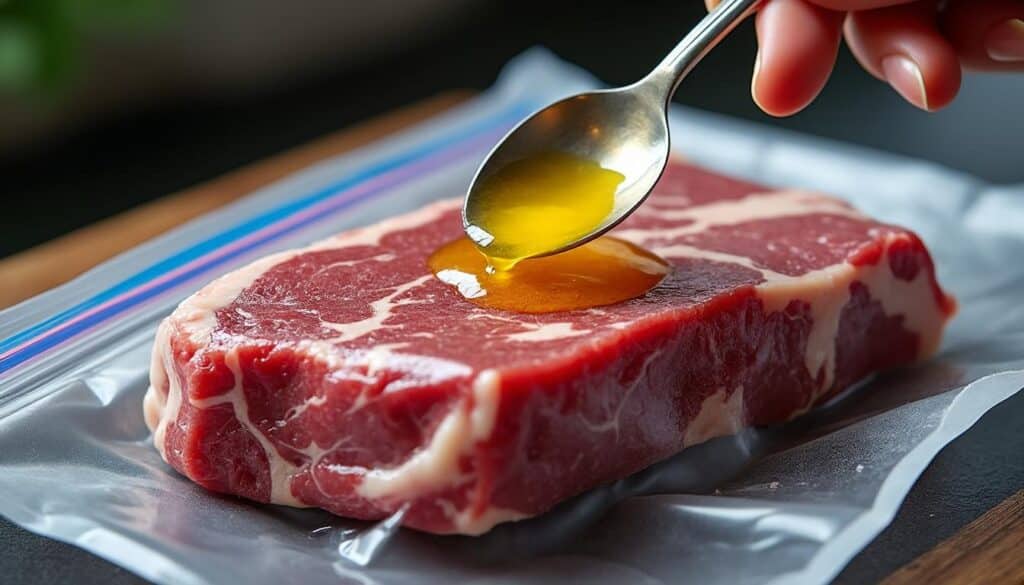 découvrez comment une noix de beurre clarifié dans le sachet améliore la texture de votre viande lors de la cuisson sous vide pour des résultats tendres et savoureux.