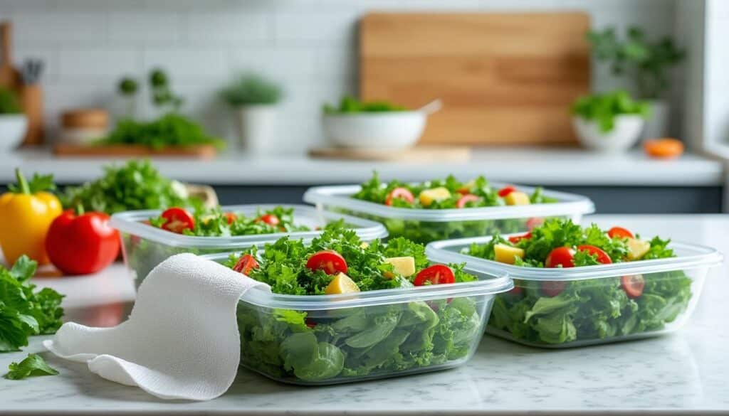 découvrez comment l'ajout d'une feuille d'essuie-tout dans les boîtes de salade prévient le flétrissement, garantissant une fraîcheur optimale lors du batch cooking.