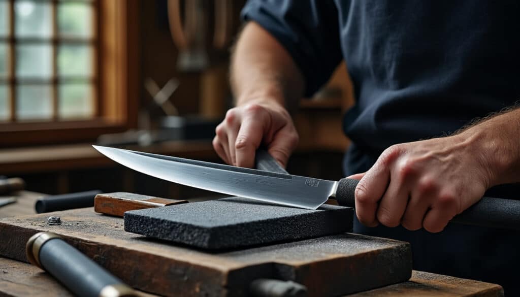 découvrez comment la précision et la technique ancestrale des forgerons japonais de katanas se reflètent dans l'art minutieux de l'affûtage des couteaux pour une lame parfaite.
