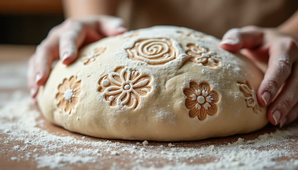 découvrez comment l'application de pochoirs farinés avant la cuisson permet d'imprimer de magnifiques motifs floraux sur le pain au levain, alliant art et boulangerie pour des créations uniques.