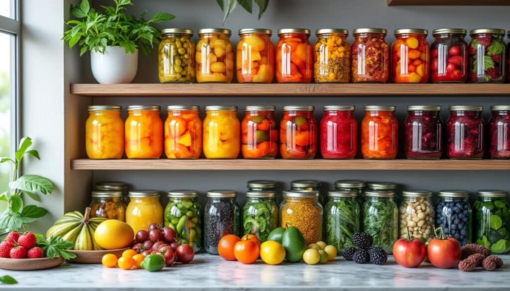 découvrez comment organiser votre cuisine avec des étagères ouvertes en rangeant vos conserves et bocaux par ordre chromatique pour un espace à la fois pratique et esthétique.