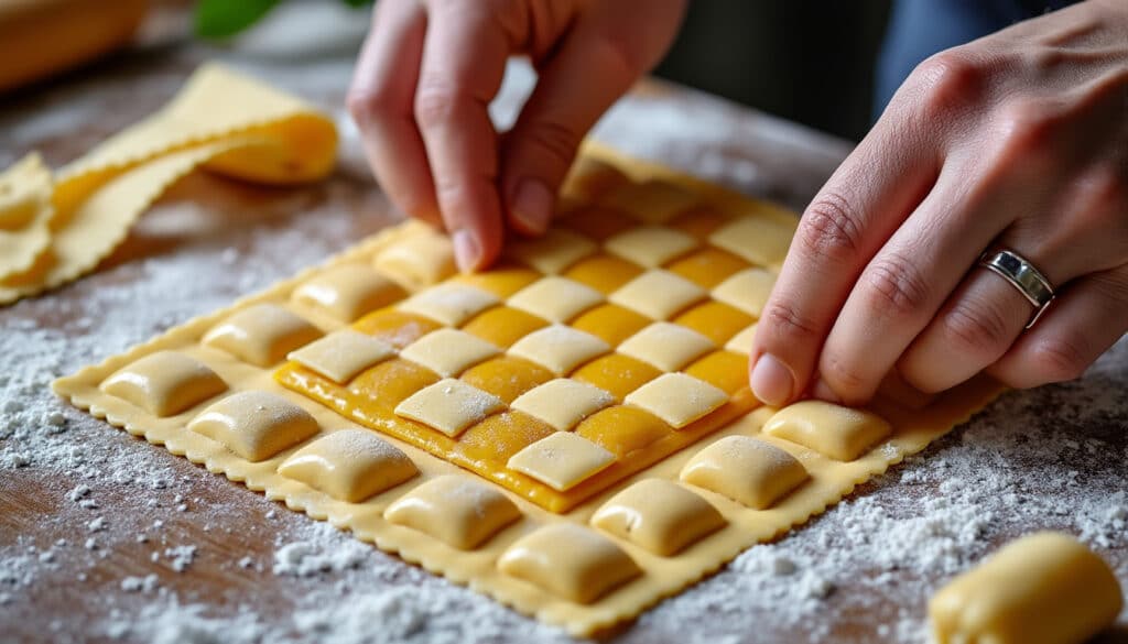 découvrez l'art de la confection de raviolis bicolores en damier, une démonstration raffinée du savoir-faire technique maîtrisé avec les pâtes fraîches.