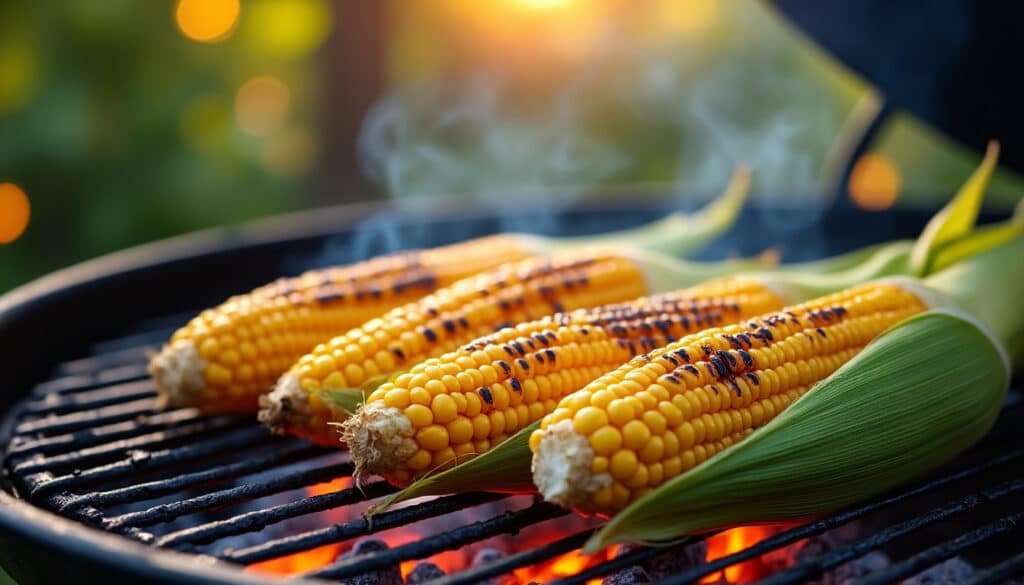 savourez la grillade de maïs frais en épis, une tradition incontournable des soirées d'août autour du barbecue pour des moments conviviaux et gourmands.