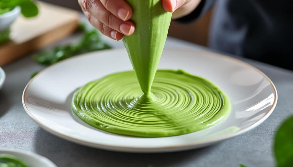 découvrez comment le pochage précis des purées de pois à la douille cannelée sublime le dressage en cuisine végétale, apportant élégance et finesse à vos plats.