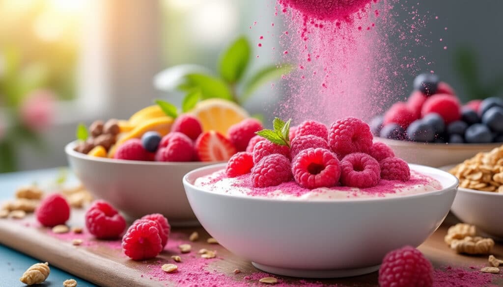 apportez une touche éclatante et saine à vos desserts avec notre poudre de framboise lyophilisée, idéale pour un contraste fuchsia lumineux et naturel.