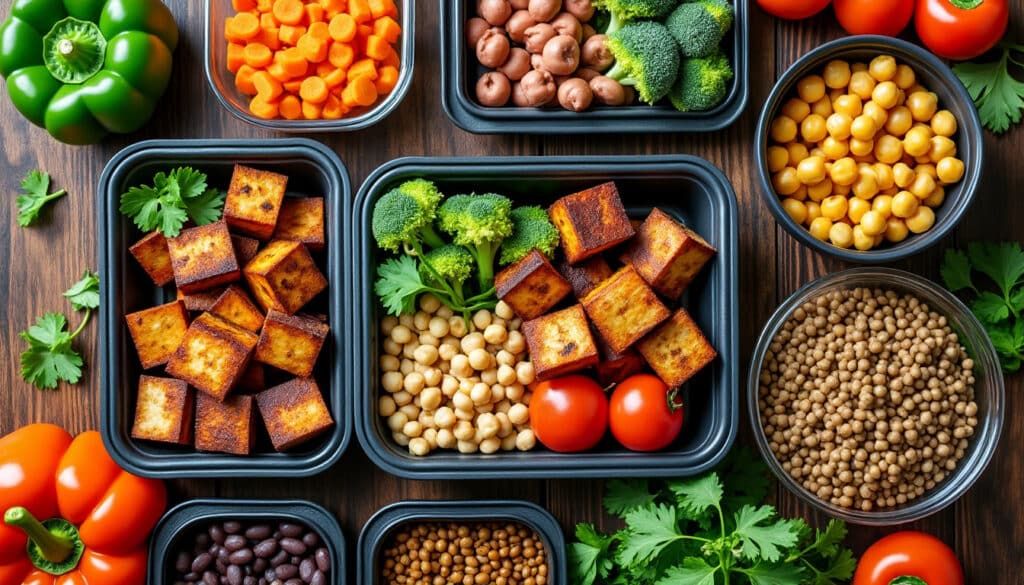découvrez comment l'inclusion de tofu fumé et de légumineuses équilibre parfaitement les apports nutritionnels d'un menu végétarien en batch cooking, alliant saveurs et santé.
