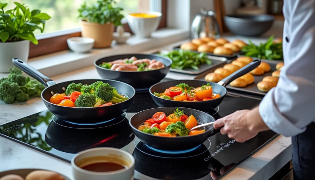découvrez comment la gestion combinée des temps de cuisson au four et sur les plaques permet d'optimiser efficacement le flux de travail lors du batch cooking.