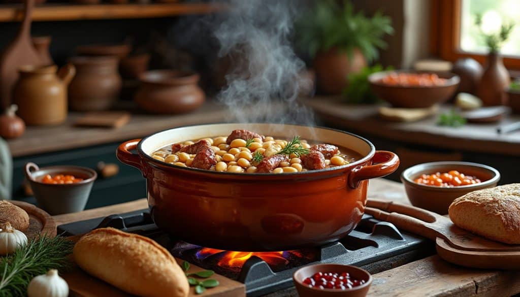 découvrez la préparation d'une grande marmite de cassoulet toulousain à diviser, une méthode traditionnelle occitane idéale pour le batch cooking et gagner du temps en cuisine.