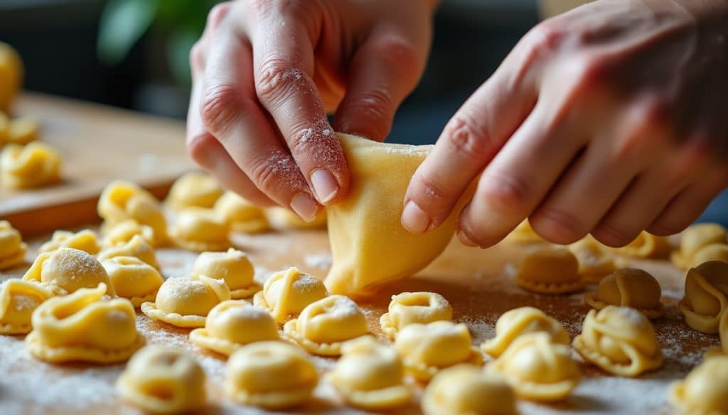 découvrez l'art du façonnage rapide et précis de tortellinis minuscules, symbole de maîtrise et de savoir-faire dans la préparation des pâtes fraîches.