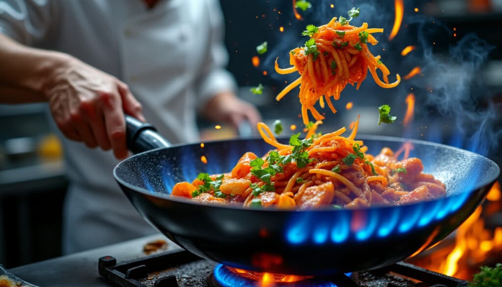découvrez l'art du maniement du wok à une main sur une flamme intense, révélant le célèbre 'wok hei', cette saveur unique et authentique de la cuisine asiatique.