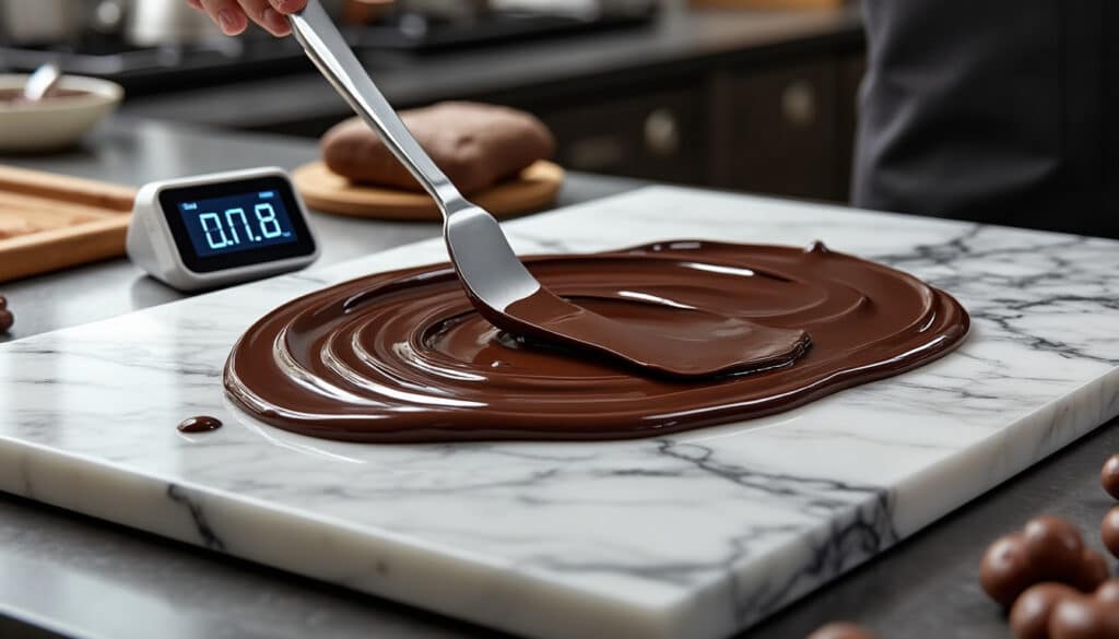 apprenez le tempérage du chocolat sur marbre avec une courbe de température parfaite pour maîtriser l'art de la pâtisserie maison au niveau expert.