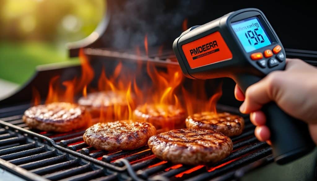contrôlez facilement la température de votre barbecue et vos grillades grâce à la mesure à distance de la chaleur avec un thermomètre infrarouge, pour une cuisson parfaite et sécurisée.