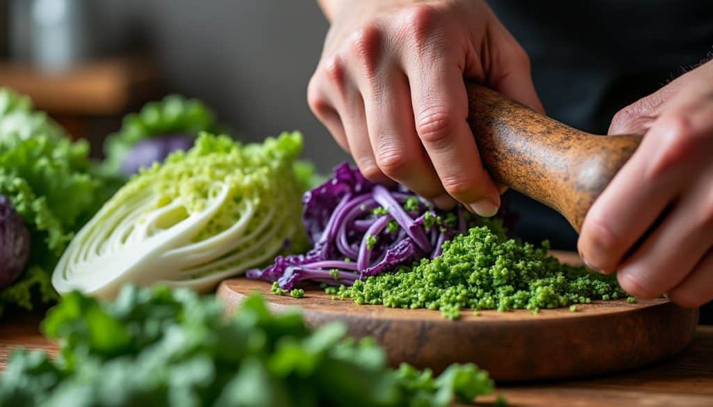 découvrez comment le pilonnage énergique du chou avec un pilon en bois extrait le jus essentiel pour réussir votre fermentation maison facilement et naturellement.