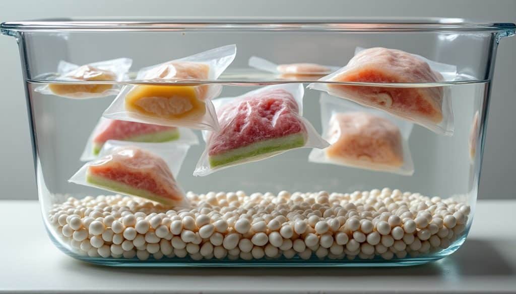 découvrez comment le placement de billes en céramique au fond de la cuve stabilise efficacement les petits sachets flottants lors de la cuisson sous vide pour un résultat parfait.