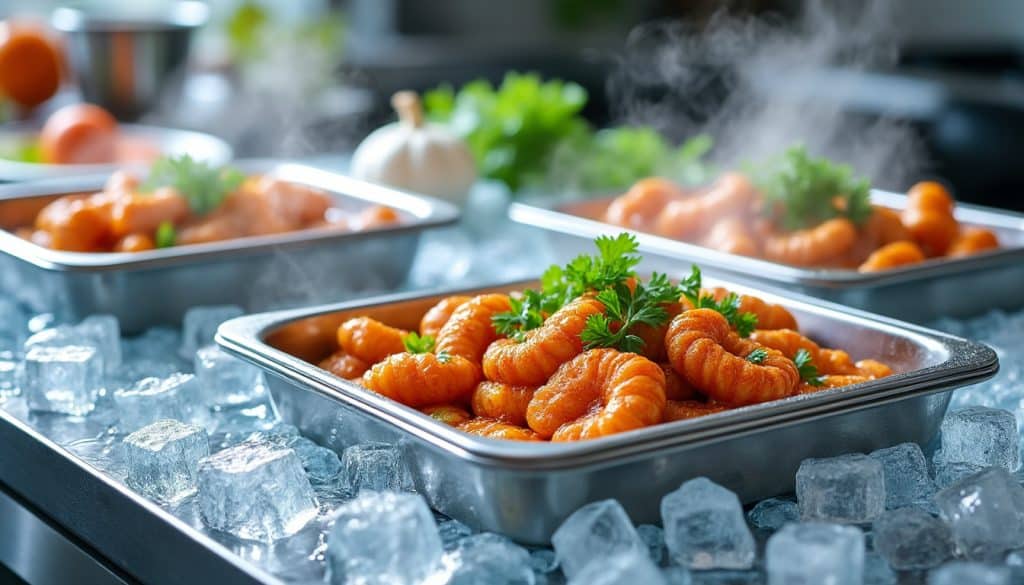 découvrez comment le refroidissement rapide des plats préparés dans un bain d'eau glacée en batch cooking empêche efficacement la prolifération bactérienne, garantissant sécurité et fraîcheur alimentaires.