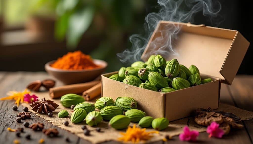 ouvrez une boîte de cardamome verte et laissez ses arômes envoûtants éveiller vos sens : un voyage au cœur de la magie des épices du monde.