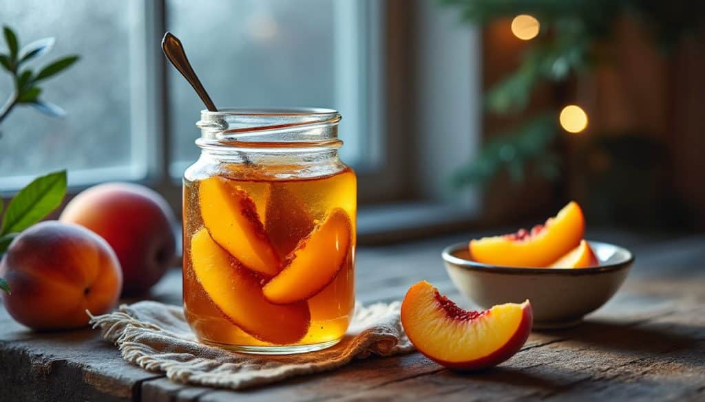 en plein mois de décembre, savourez des pêches au sirop en ouvrant un bocal de conserves maison, un plaisir intemporel qui rappelle l’été.