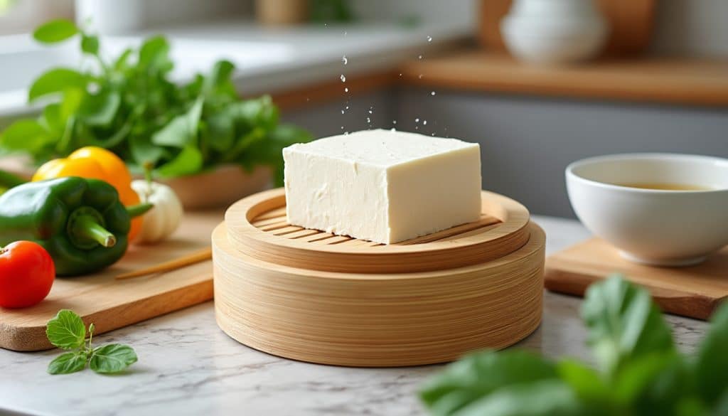 découvrez comment utiliser une presse à tofu en bambou pour extraire l'eau et obtenir une texture plus ferme, idéale pour vos recettes de cuisine végétale.