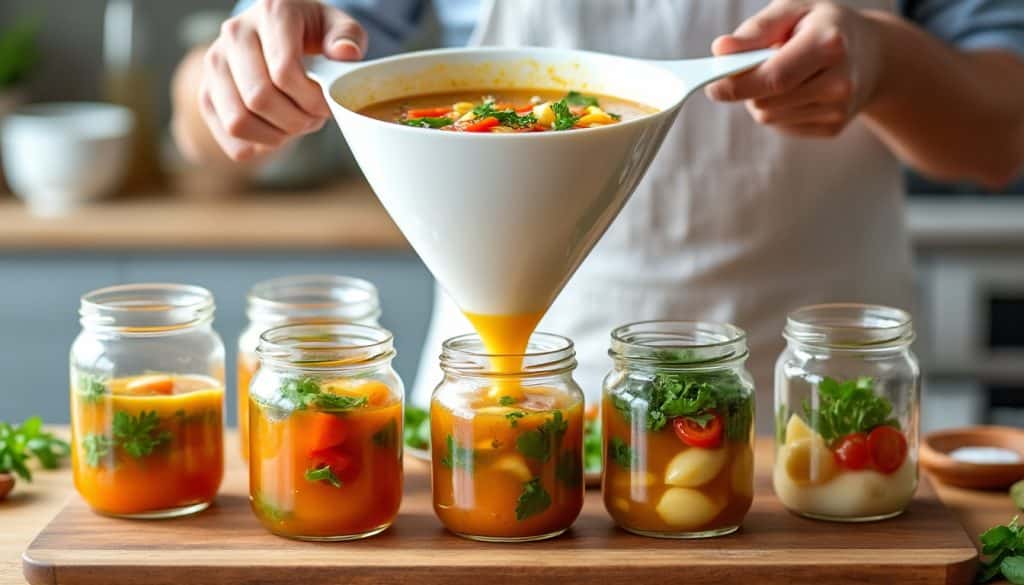 découvrez comment un entonnoir à large goulot facilite le remplissage propre et efficace des pots de soupe lors de la préparation des repas.