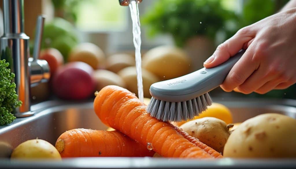 découvrez comment une brosse à légumes à poils durs facilite le nettoyage des racines sans les peler, pour une cuisine anti-gaspillage efficace et respectueuse des aliments.