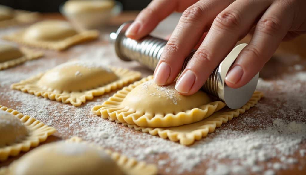 découvrez comment utiliser une roulette à pâte dentelée pour sceller hermétiquement les bords de vos raviolis et pâtes fraîches, assurant ainsi une cuisson parfaite et un goût authentique.