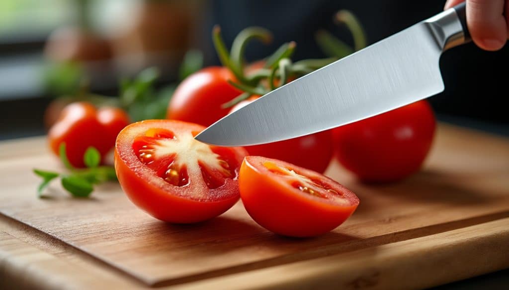 une tomate mûre tranchée sans effort révèle la précision d’un affûtage parfaitement maîtrisé et l’efficacité d’un couteau bien aiguisé.