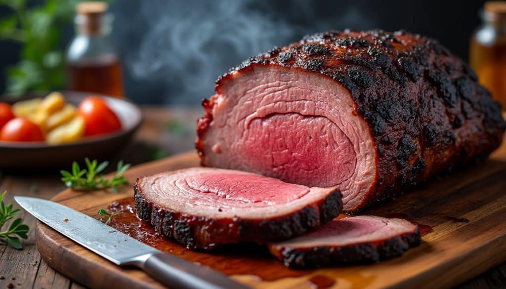 découvrez la découpe d’une poitrine de bœuf brisket juteuse, révélant son célèbre anneau de fumage rose, signe d’un barbecue réussi.
